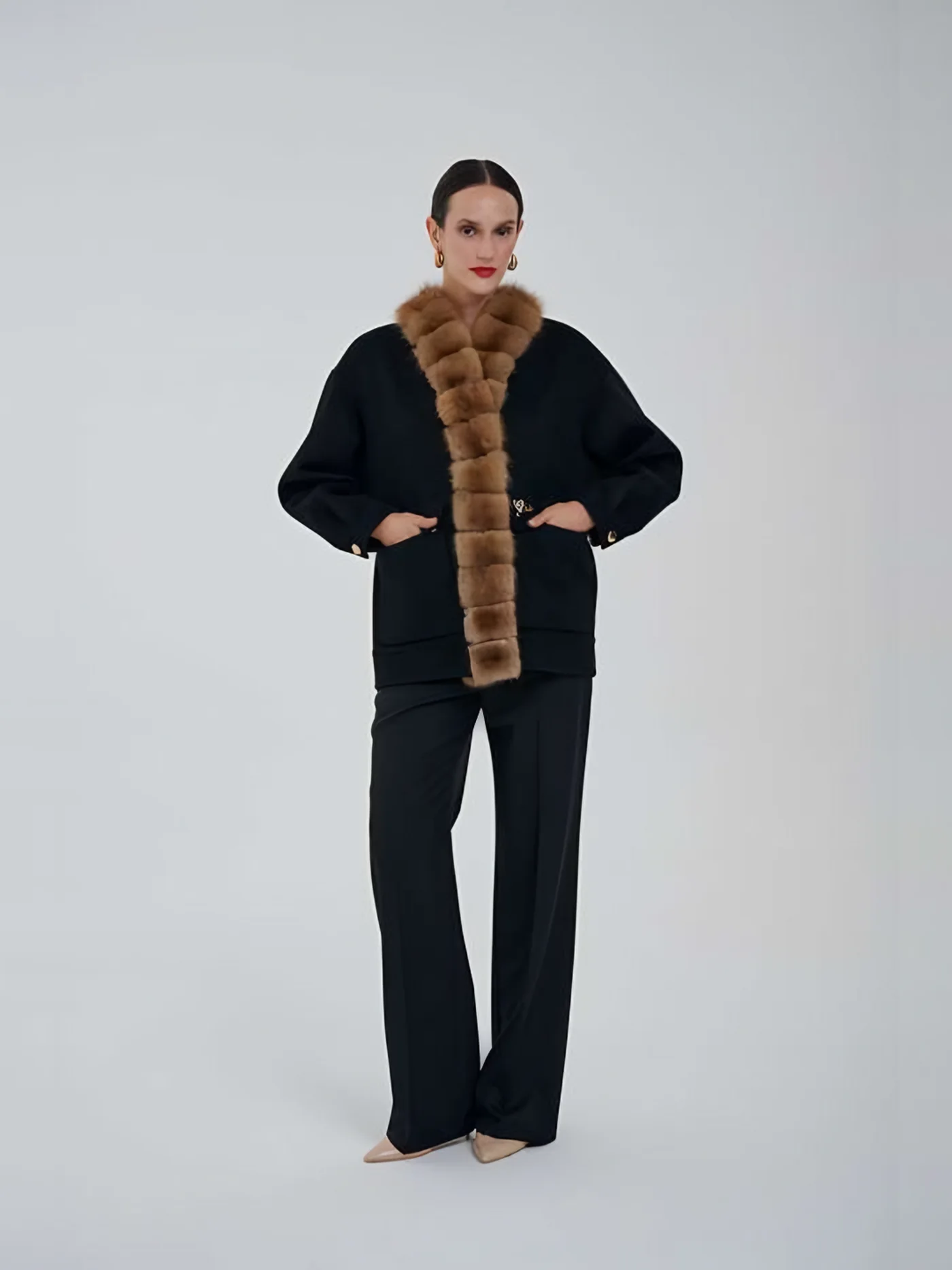 Fur-Trimmed Short Coat — عارضة ترتدي · 1/1