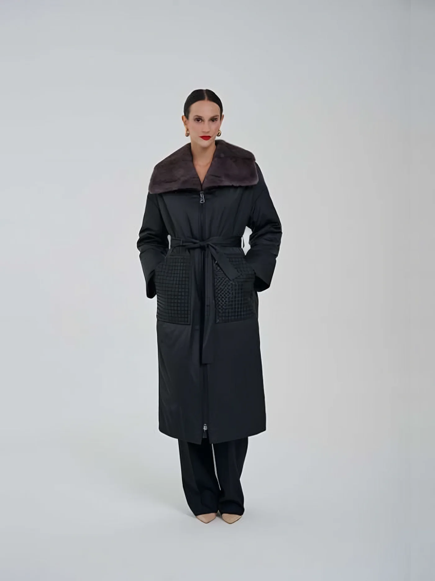 Fur-Collar Belted Quilted Coat — model wearing · 1/1