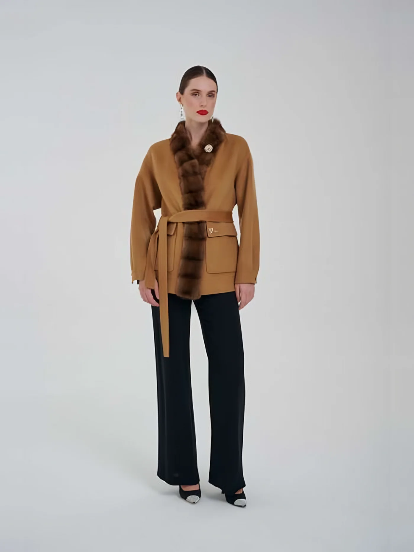 Fur-Trimmed Belted Jacket — model wearing · 1/1