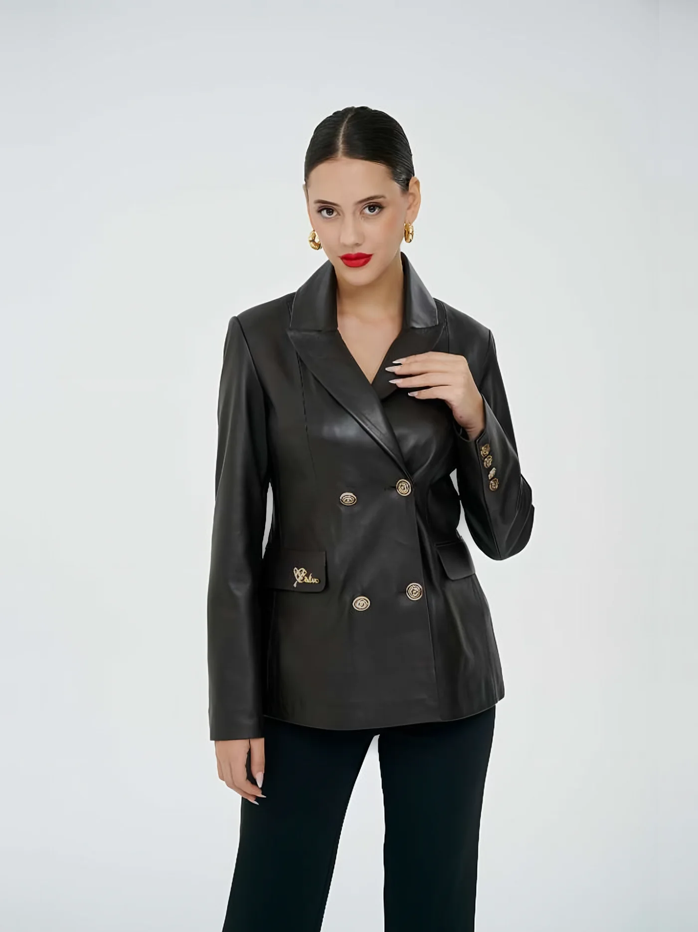 Double-Breasted Leather Blazer — model wearing · 1/1