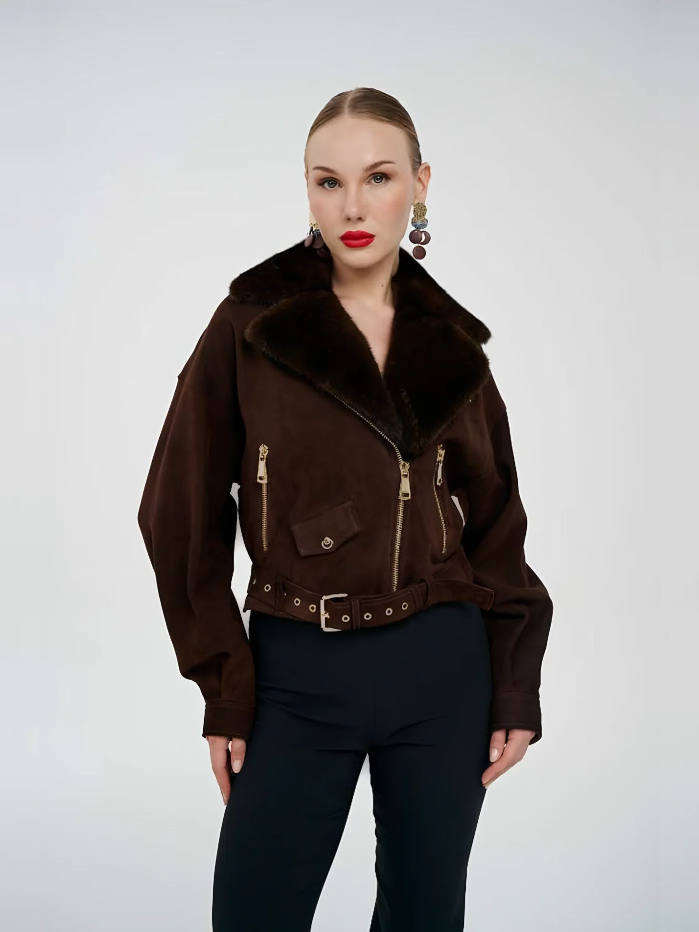 Kürk Yakalı Biker Süet Ceket — modelin üzerinde · 1/1