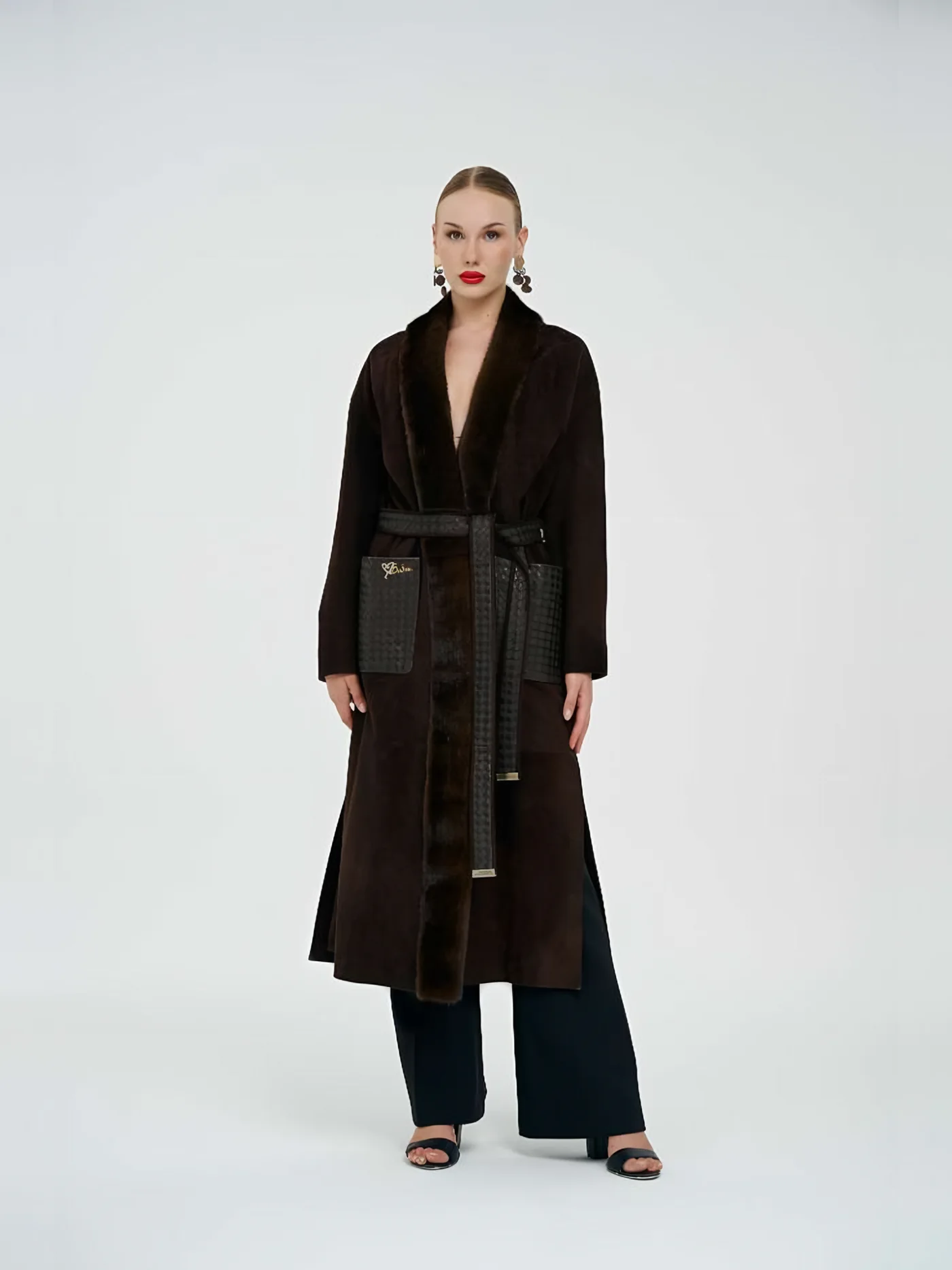 Leather-Pocket Belted Long Plush Coat — model wearing · 1/1