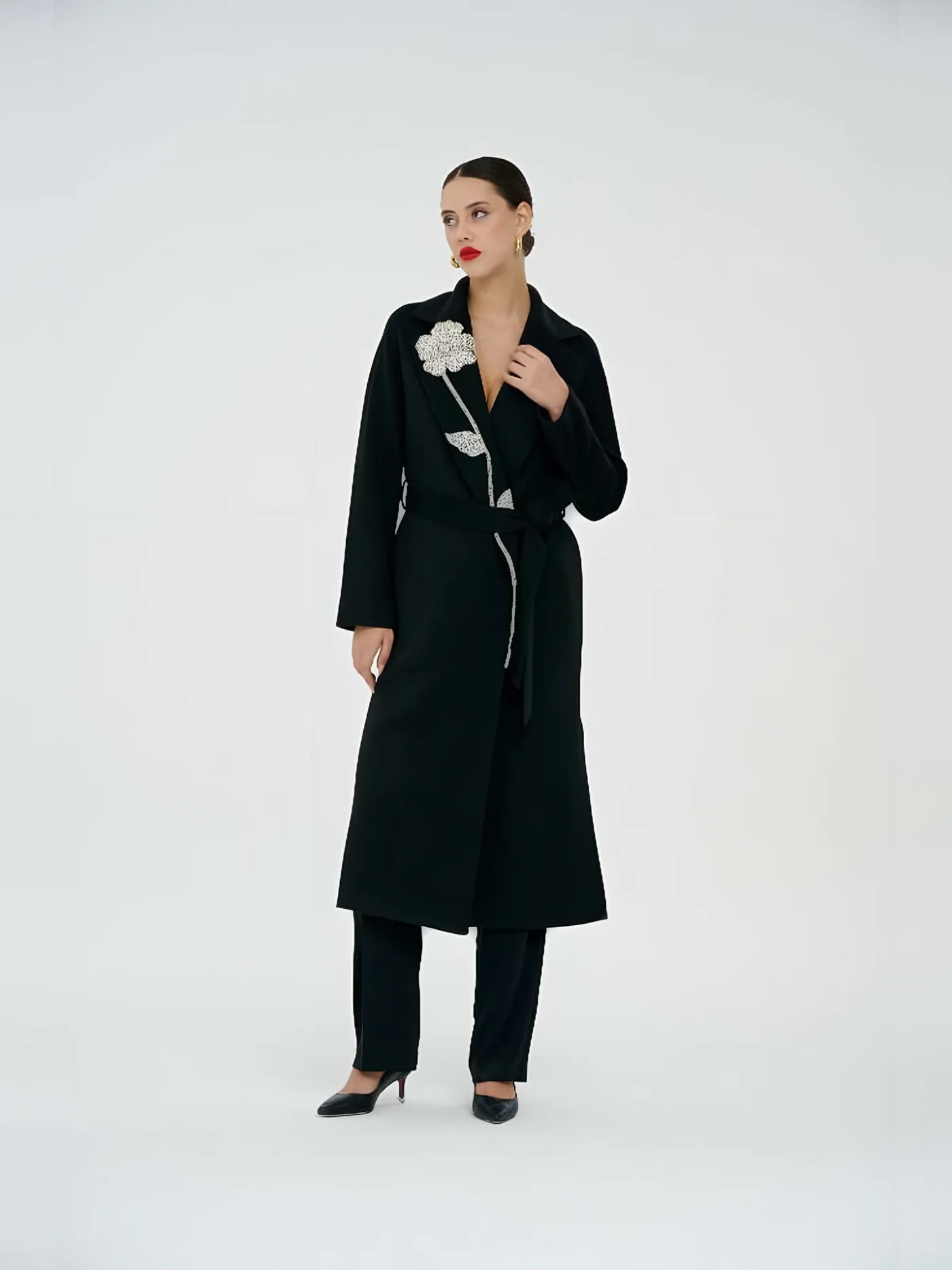 Floral Embroidered Long Coat — model wearing · 1/1