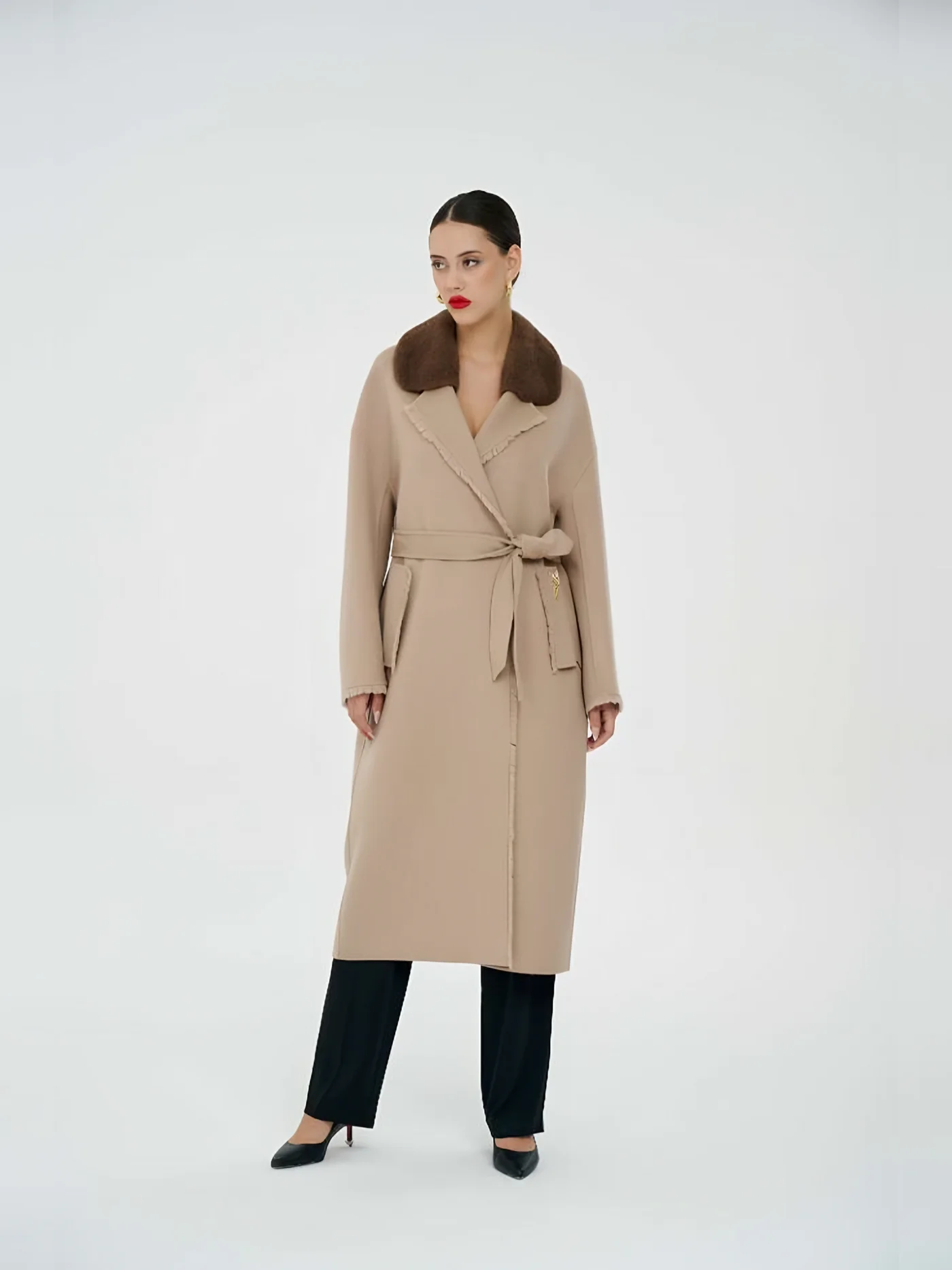 Fur-Shawl-Collar Belted Coat — 模特身着 · 1/1