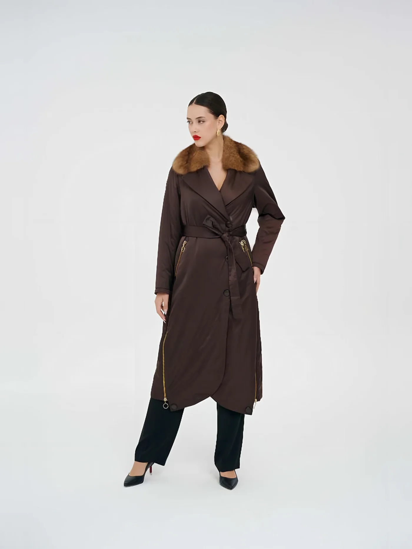 Fur-Collar Belted Quilted Coat — 模特身着 · 1/1