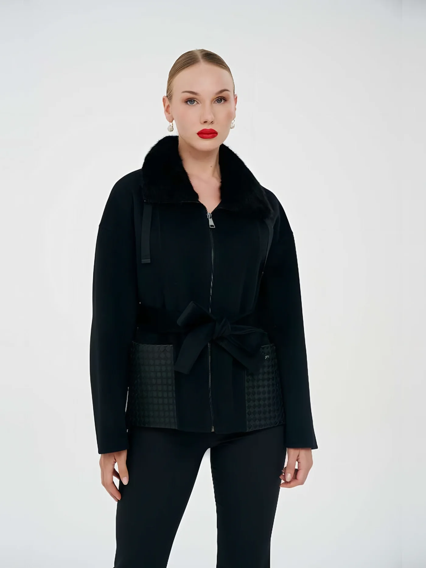 Fur-Collar Leather-Pocket Zip Jacket — модель в · 1/1