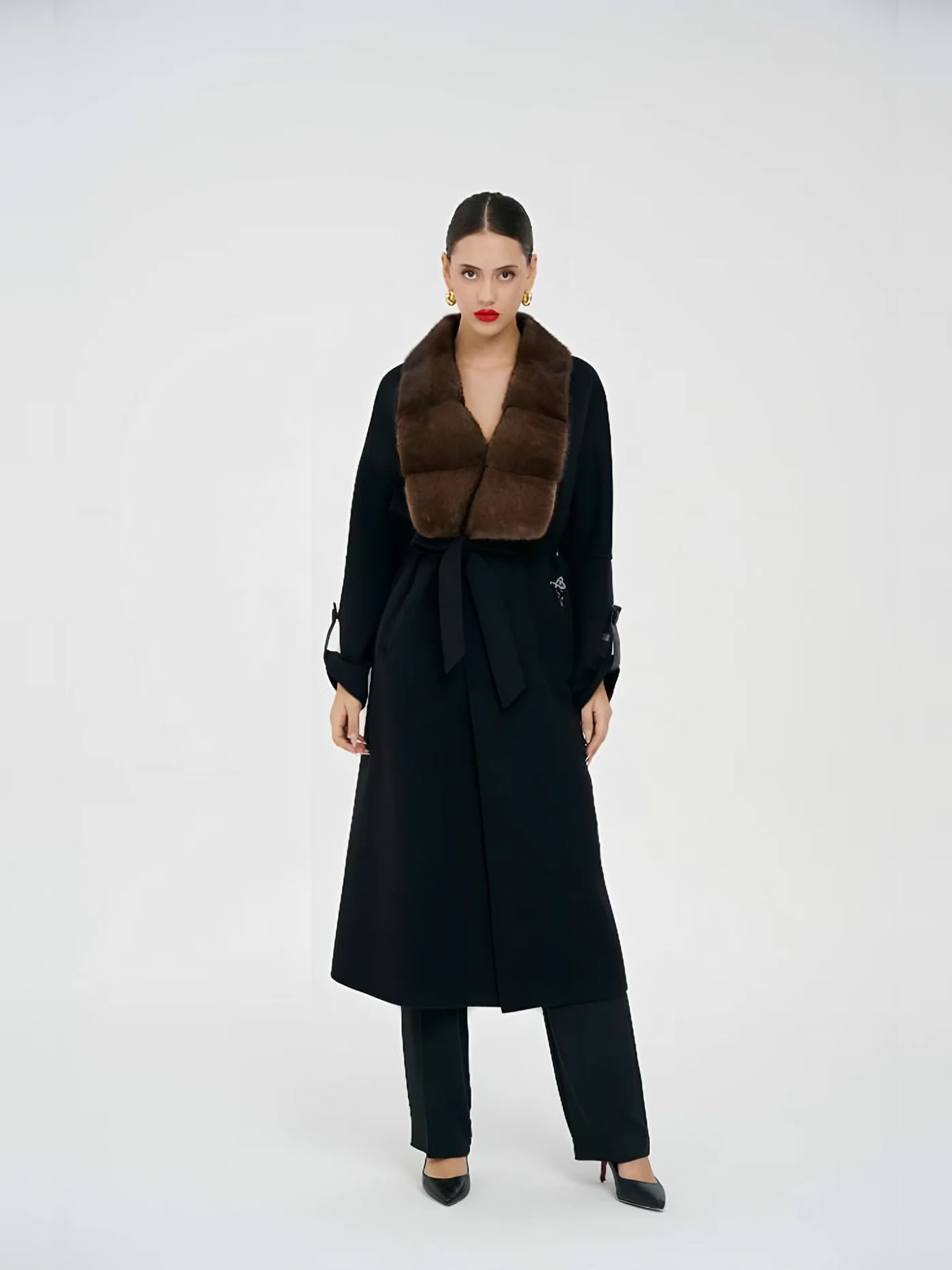 Fur-Shawl-Collar Belted Long Coat — عارضة ترتدي · 1/1