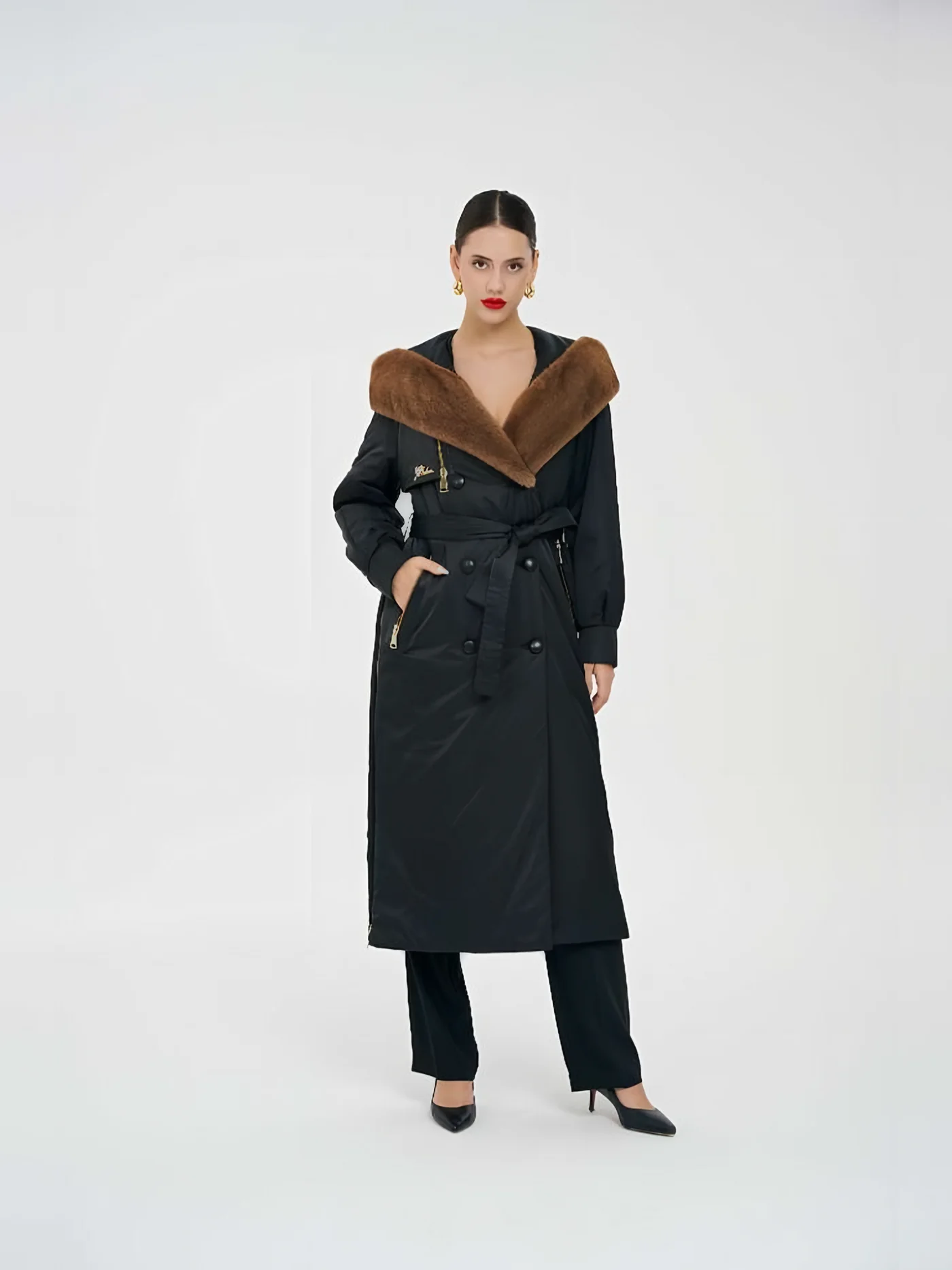 Fur-Hooded Quilted Long Coat — model wearing · 1/1