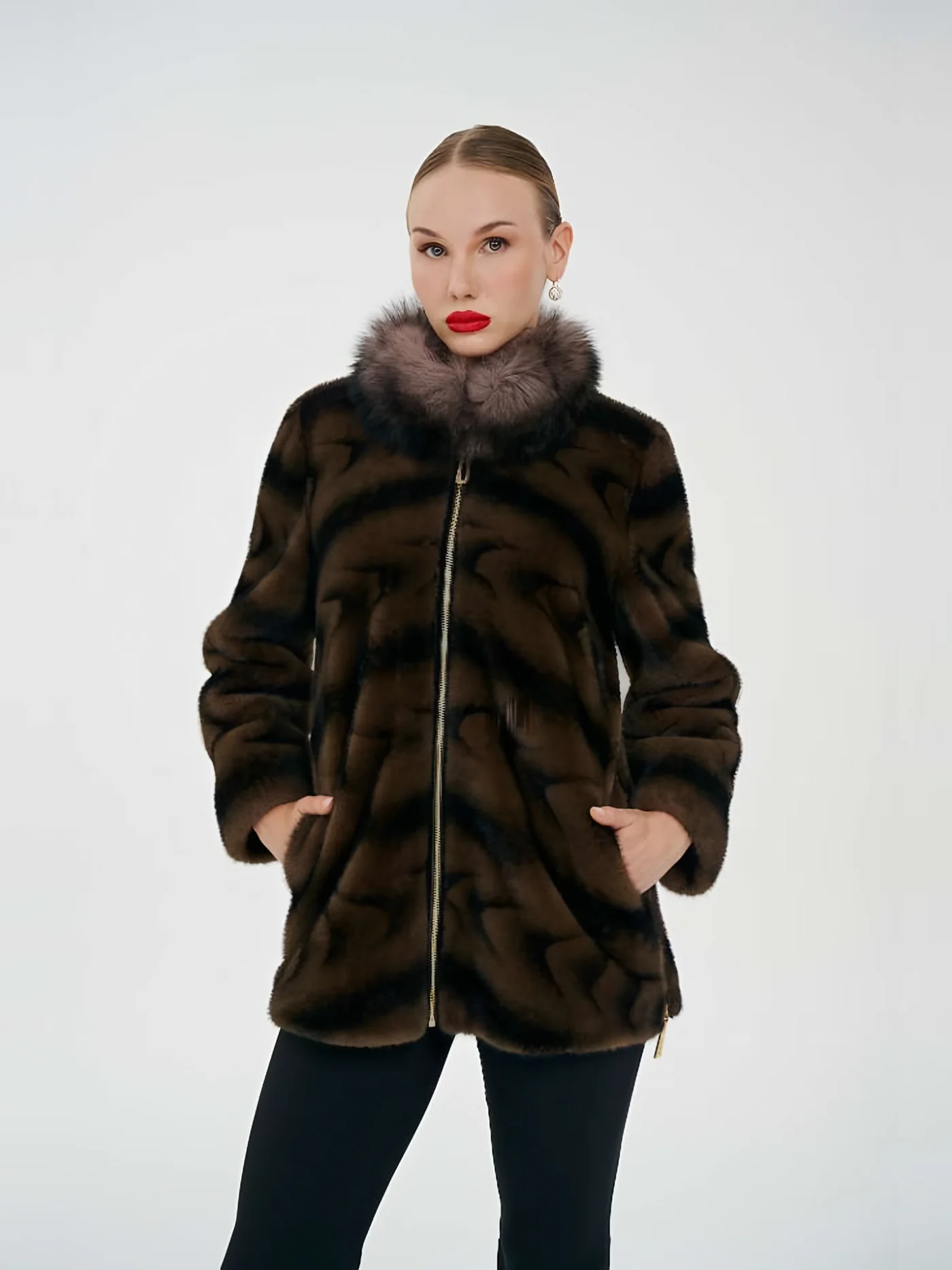 Fur-Collar Zip Patterned Plush Jacket — عارضة ترتدي · 1/1